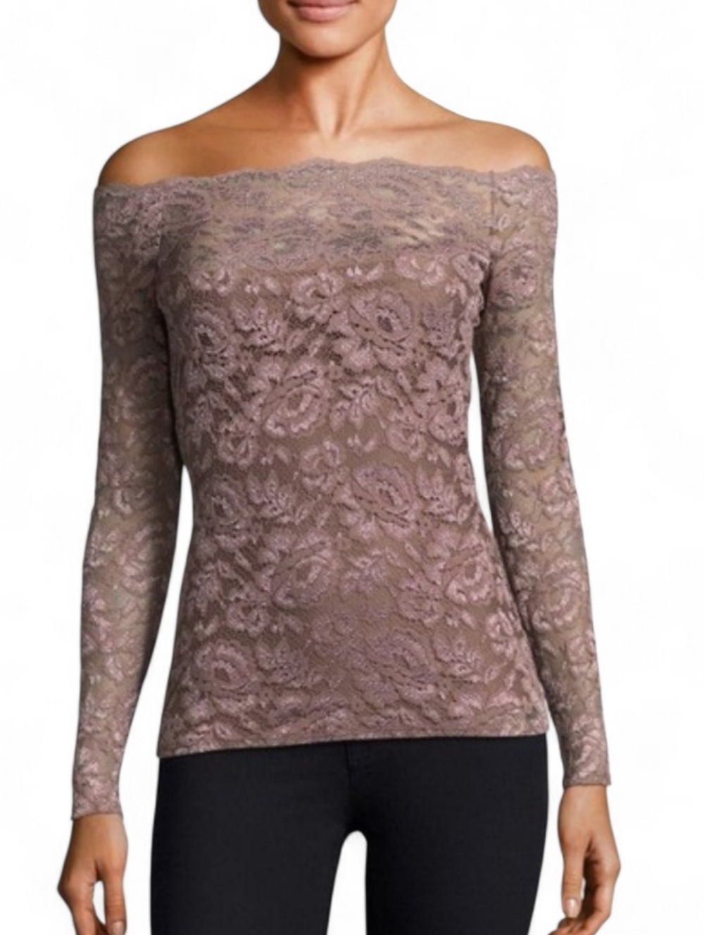 L'AGENCE Heidi Off-Shoulder Long Sleeve Top in Mauve And Brown Lace Size XS